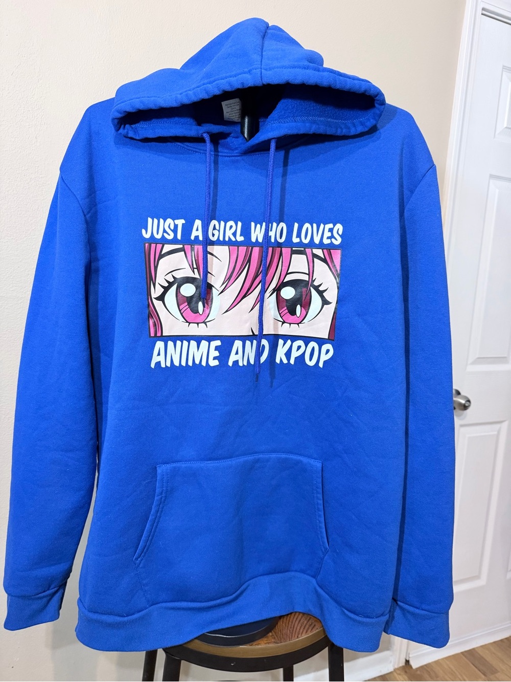 Blue Pullover Fleece Hoodie Men 2XL Anime K-Pop Graphic Pockets Drawstring Comic